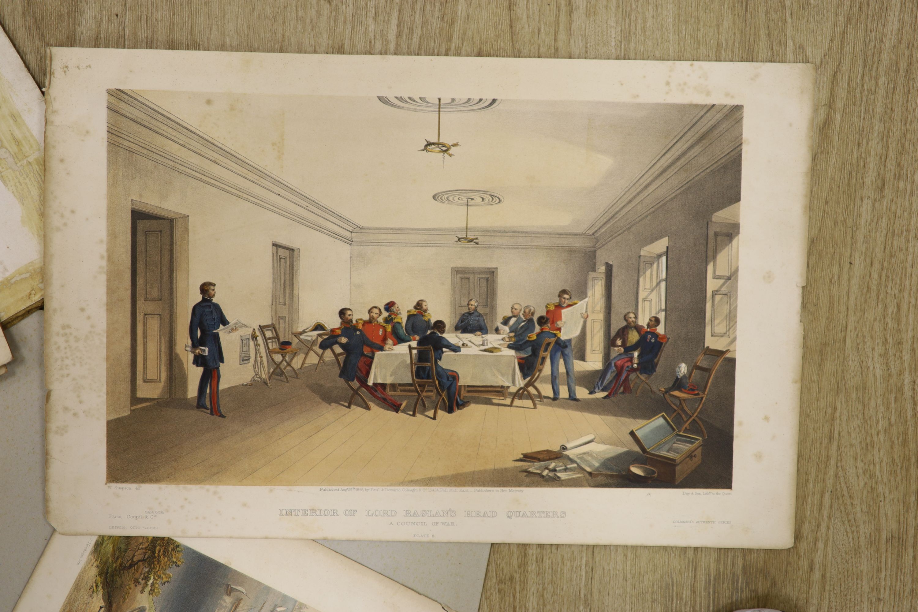 After W. Simpson, two coloured lithographs, Interior of Lord Raglands Headquarters and Hospital and Cemetery at Scutari, 36 x 45cm, with two other prints and a watercolour by Percy Hamilton, unframed